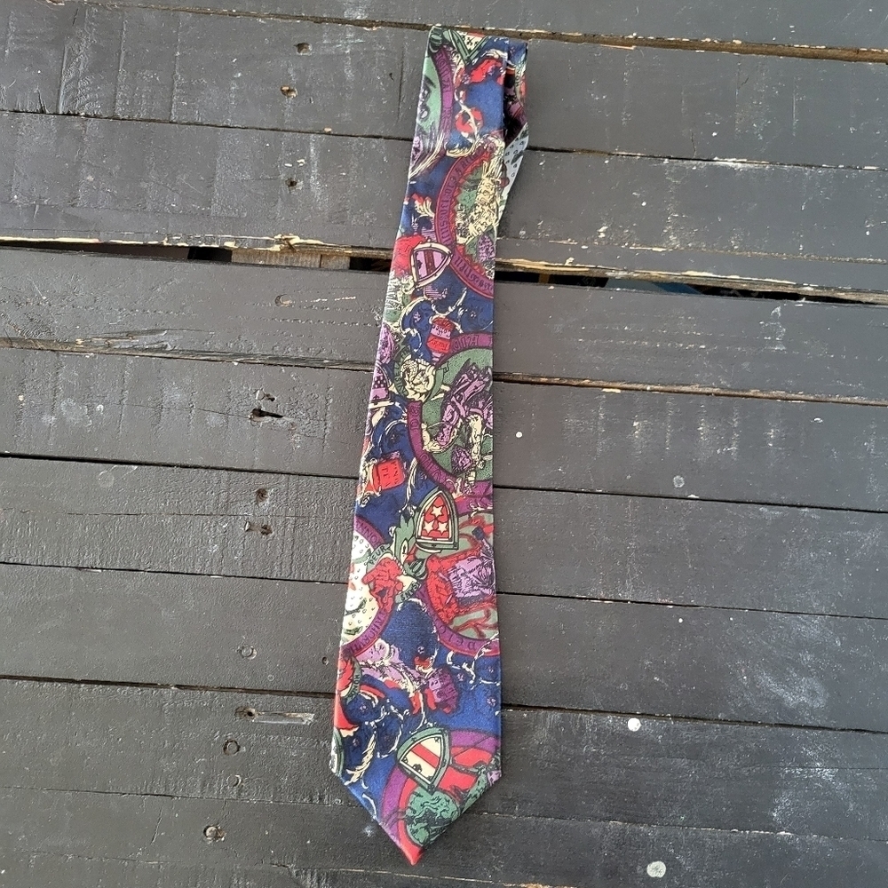Christian Lauren 100% Silk Made in Italy Navy Purple Green Beige Pattern Tie 59"